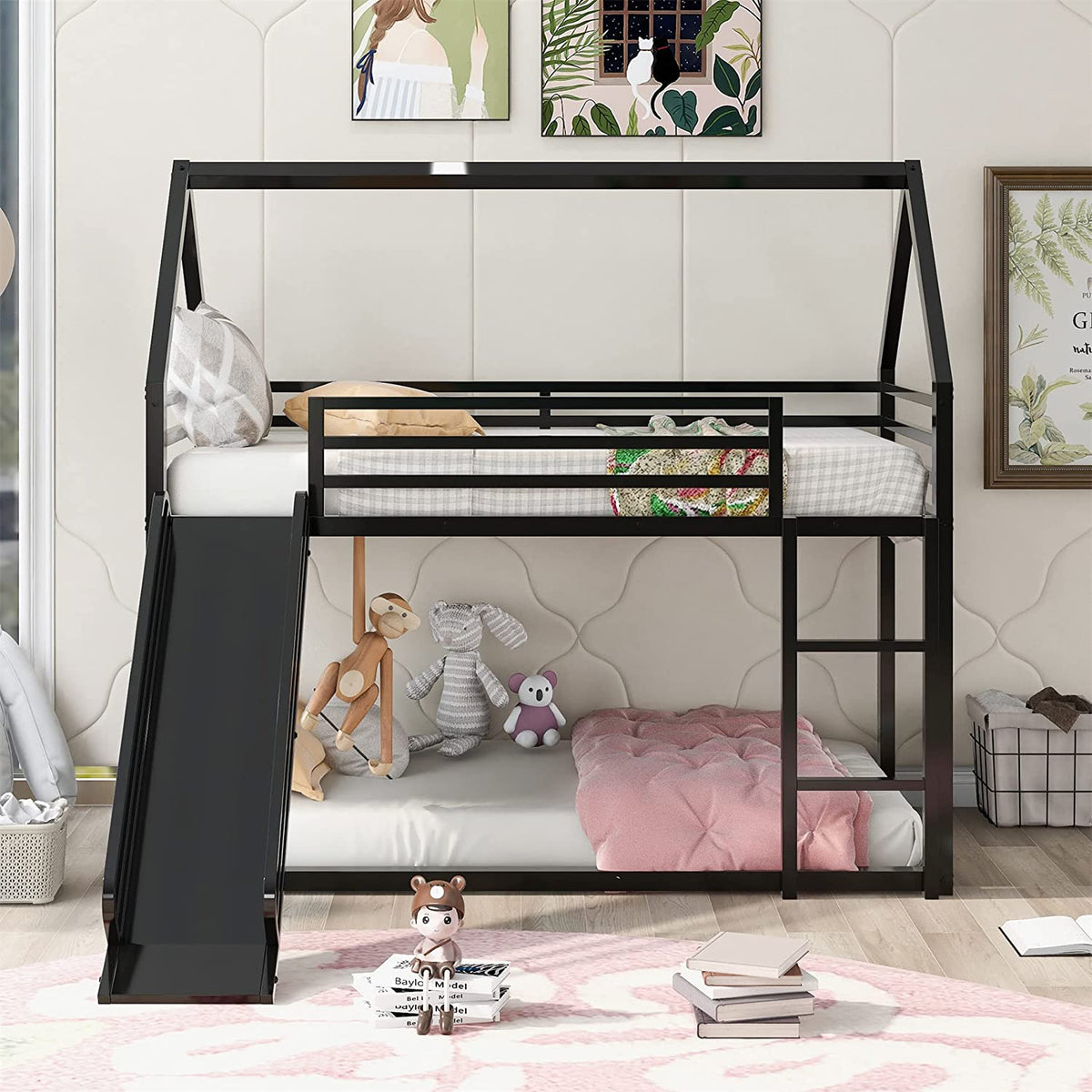 Black Metal Frame Floor Bunk Bed with Slide and Built-In Ladder Y6282