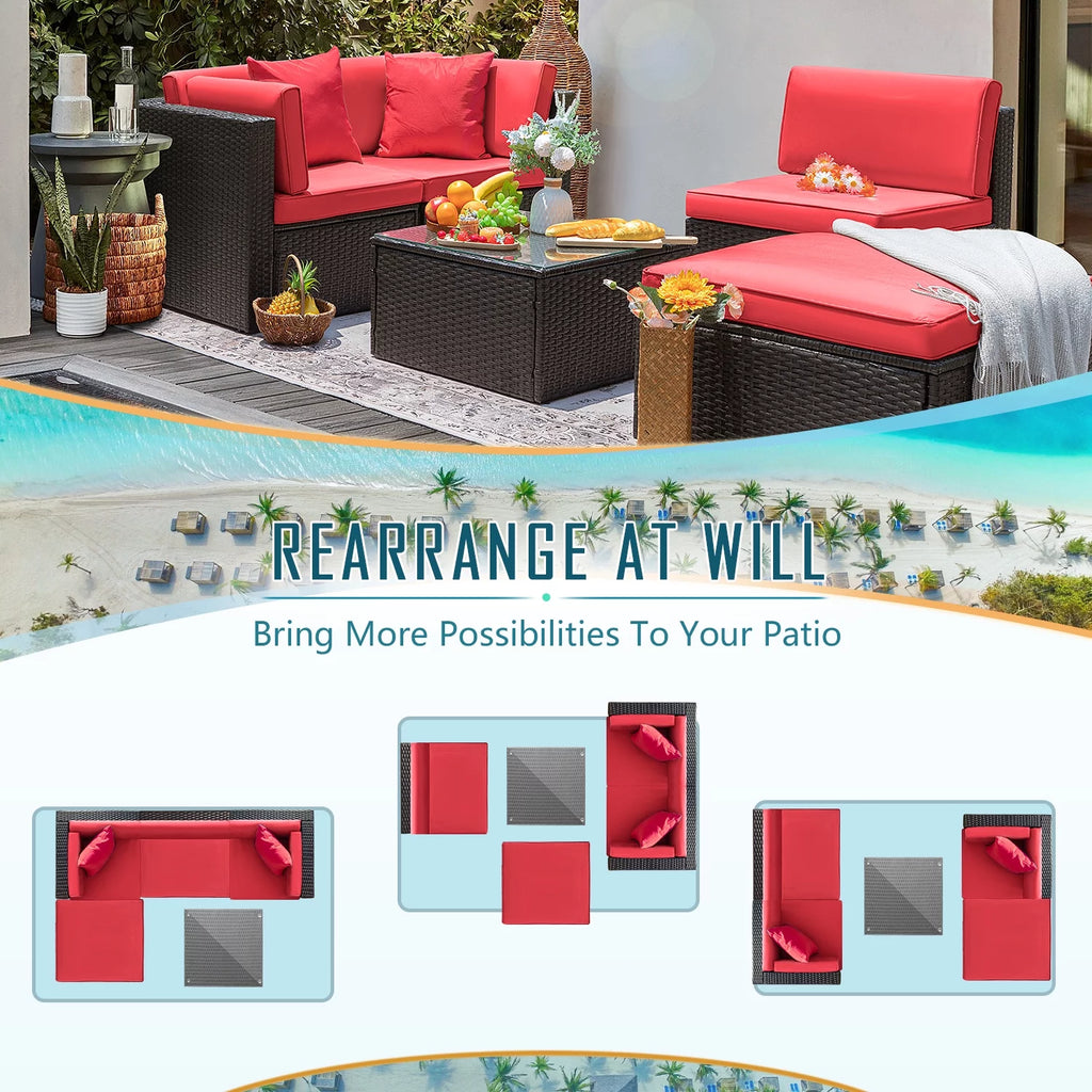 5 Pieces PE Rattan Wicker Patio Sectional Set with Table O71780