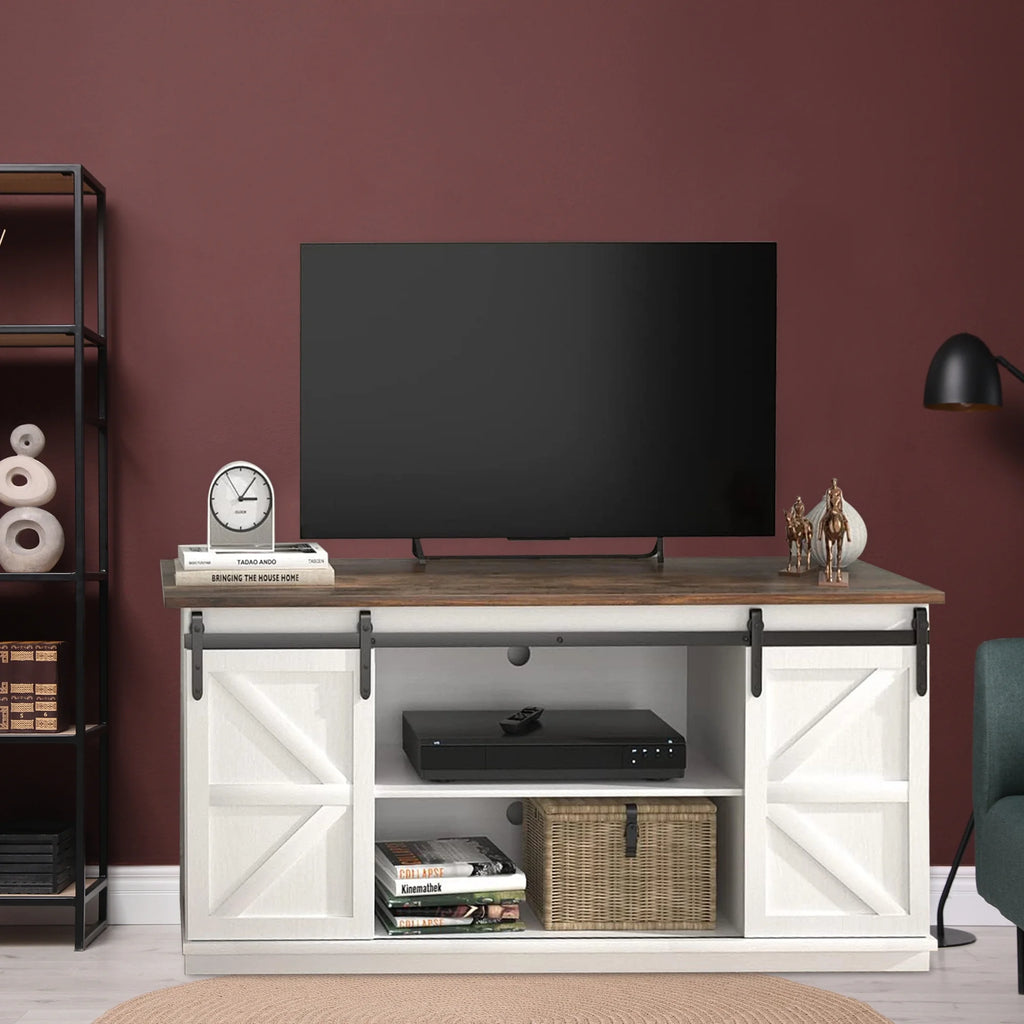 Farmhouse TV Stand with Sliding Barn Door R878410