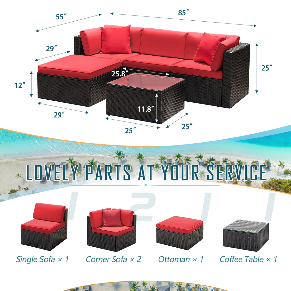 5 Pieces PE Rattan Wicker Patio Sectional Set with Table O71780