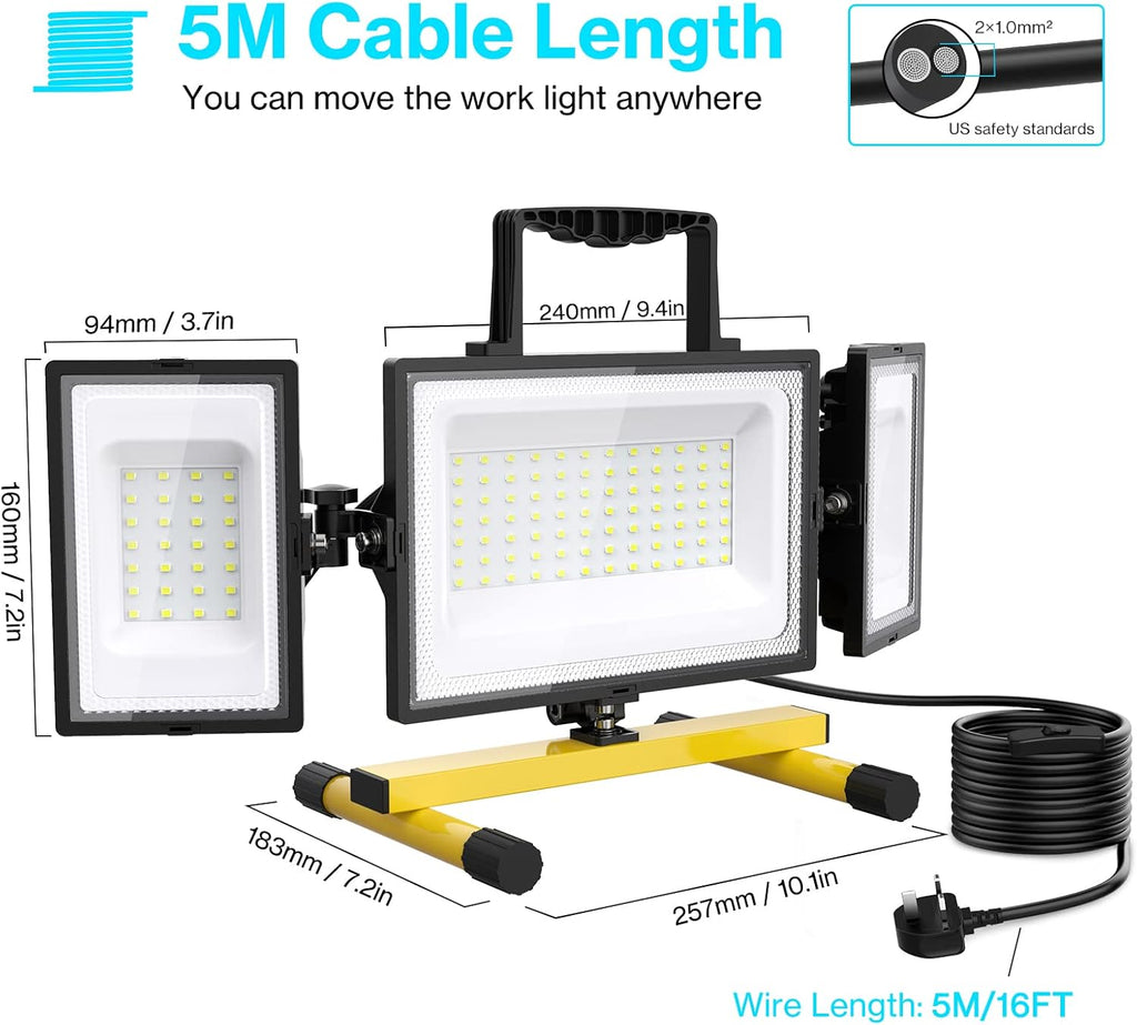 80W LED Work Light, Triple Adjustable Heads, 6500K, IP65 Waterproof, with Stand, Pack of 2 L975420