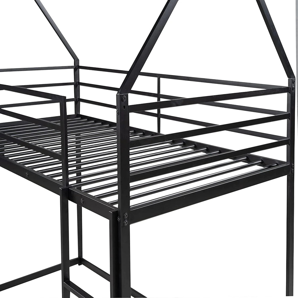 Black Metal Frame Floor Bunk Bed with Slide and Built-In Ladder Y6282