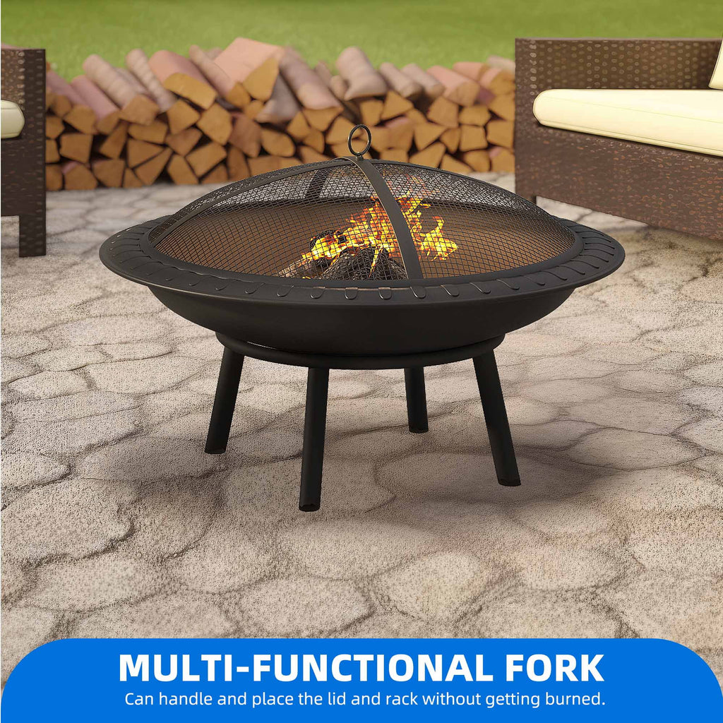 24'' Outdoor Round Fire Pit Bowl with Spark Screen and Poker T927