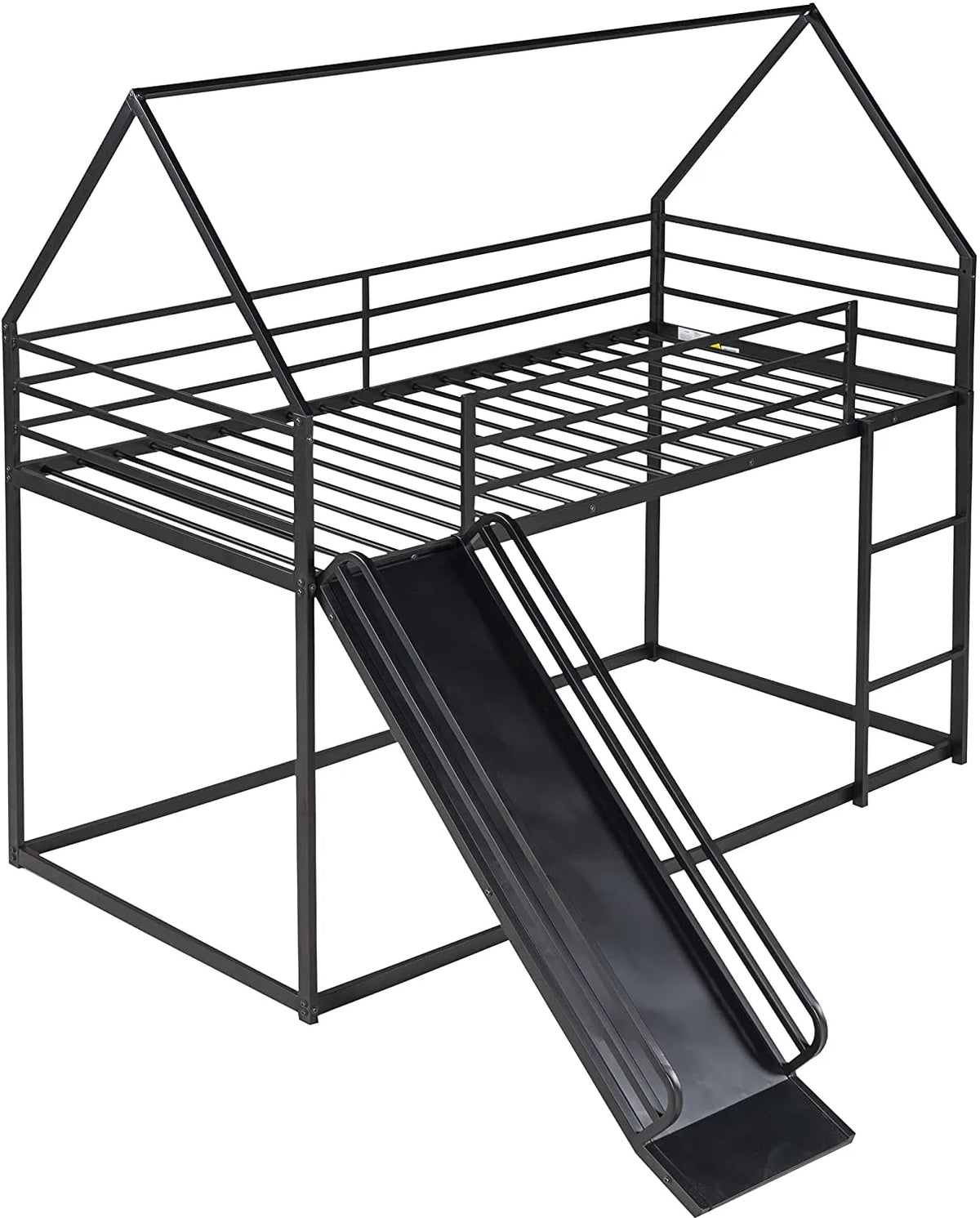 Black Metal Frame Floor Bunk Bed with Slide and Built-In Ladder Y6282