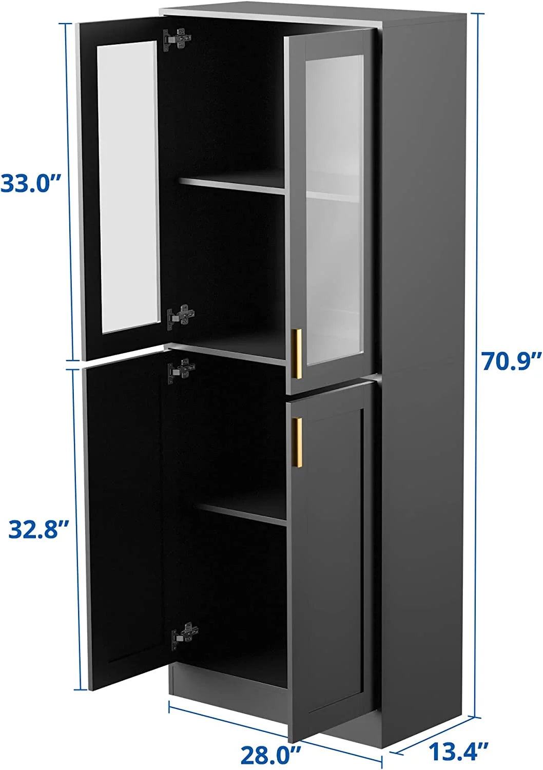 70" Tall Black Display Cabinet with Acrylic Glass Doors and Adjustable Shelves Z427