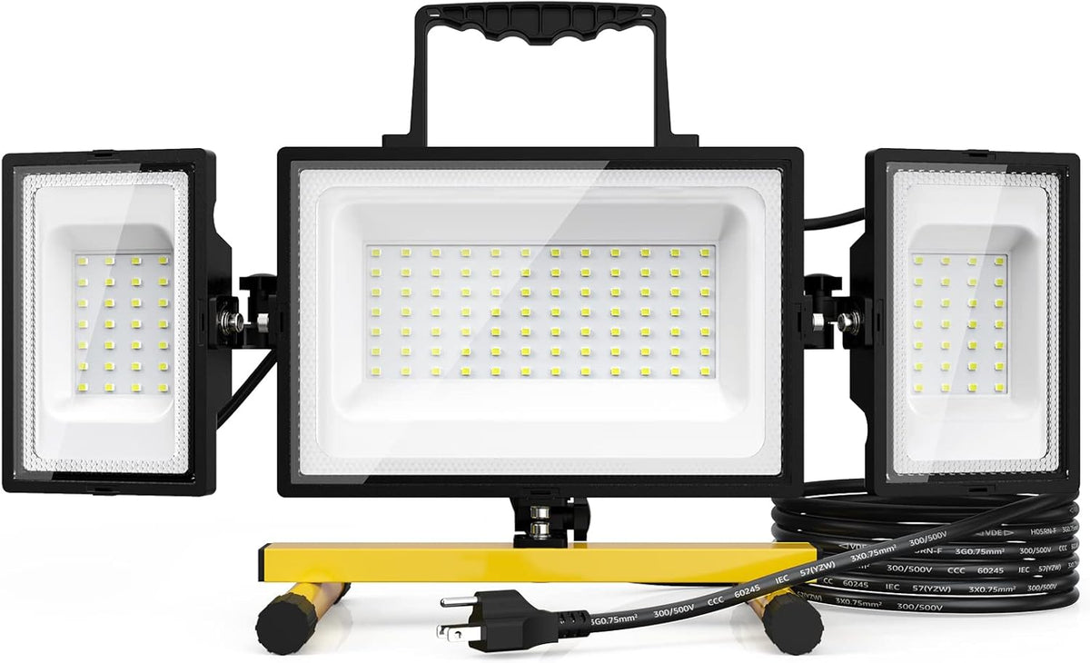 80W LED Work Light, Triple Adjustable Heads, 6500K, IP65 Waterproof, with Stand, Pack of 2 L975420