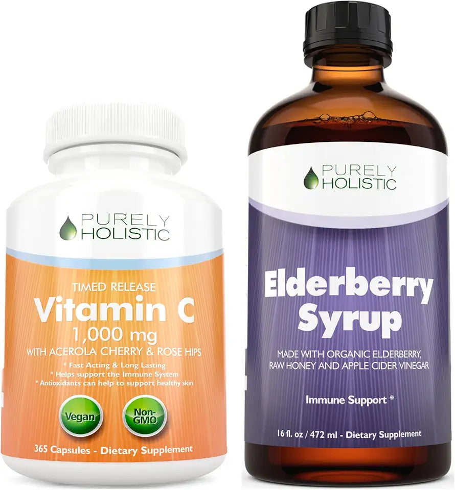 Vitamin C 1000mg + Organic Elderberry Syrup Bundle - 365 Vegan Capsules + 16 fl oz S672316