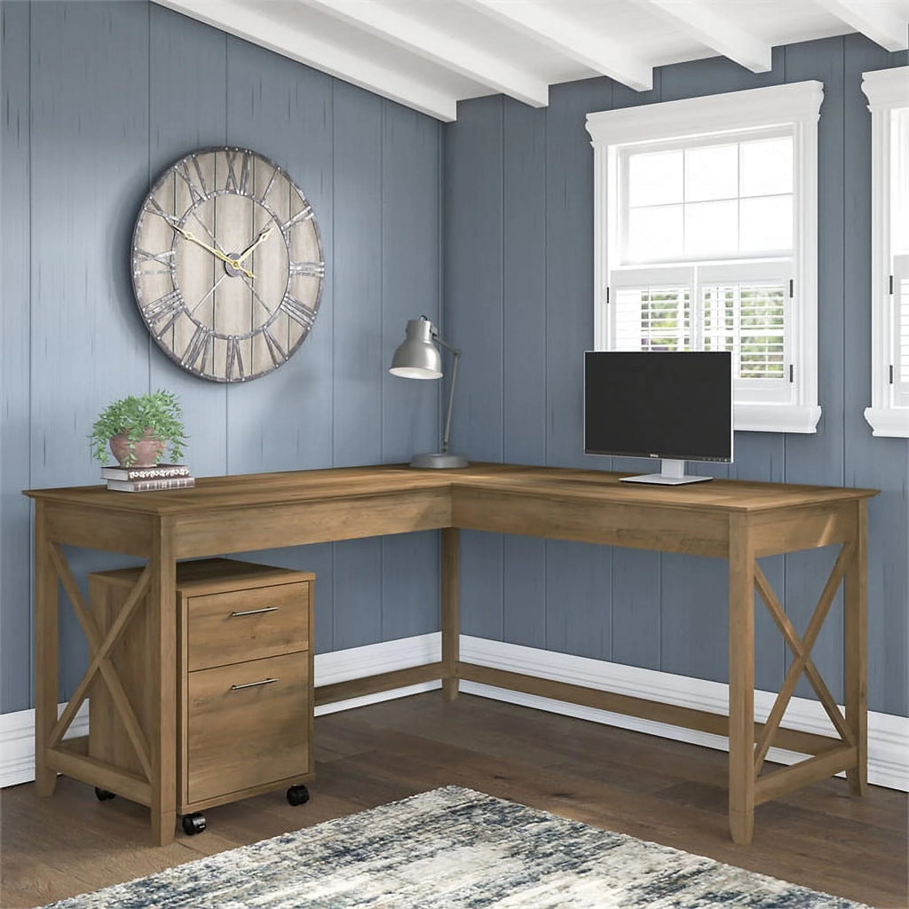 Reclaimed Pine Engineered Wood L Desk with Mobile File Cabinet F245