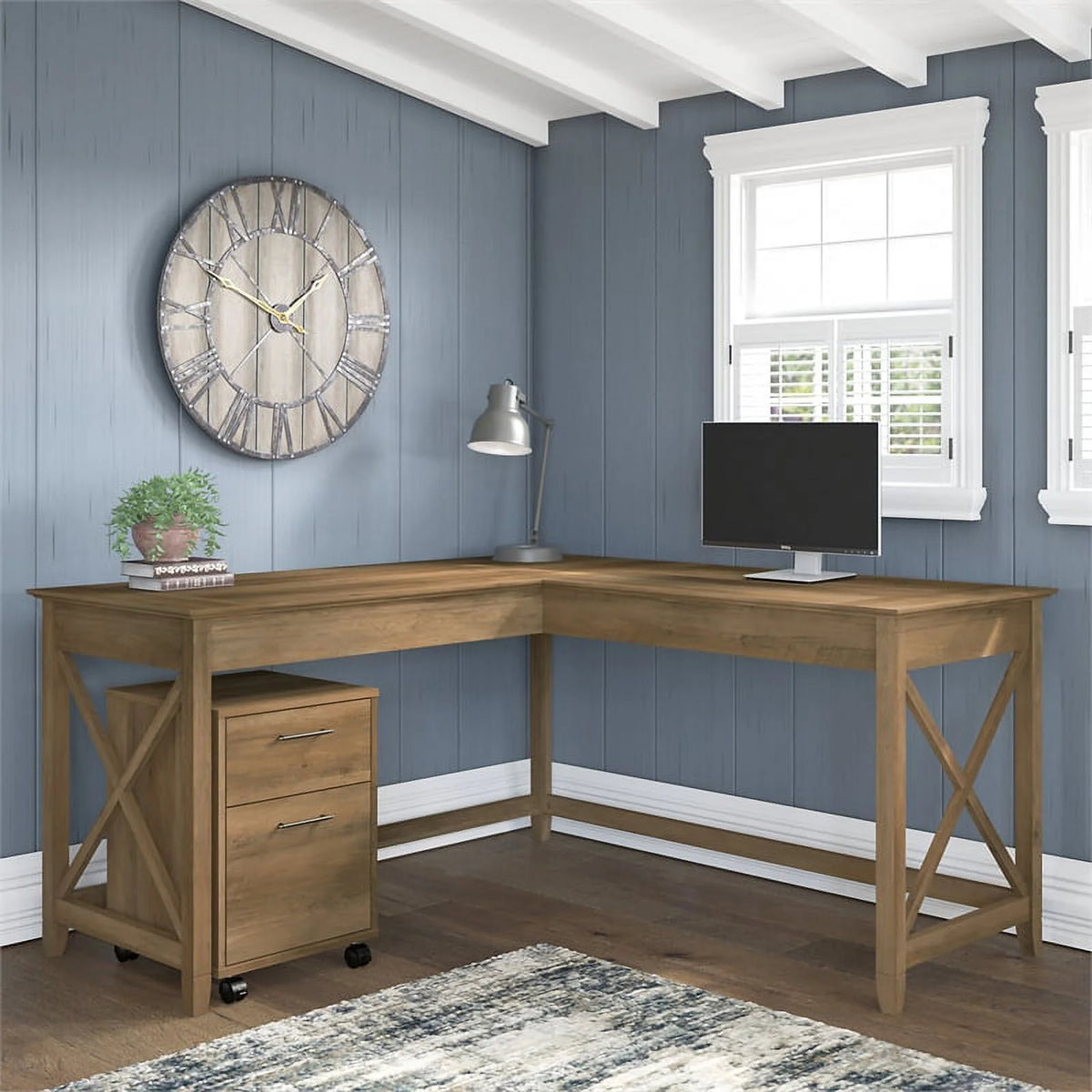 Reclaimed Pine Engineered Wood L Desk with Mobile File Cabinet F245