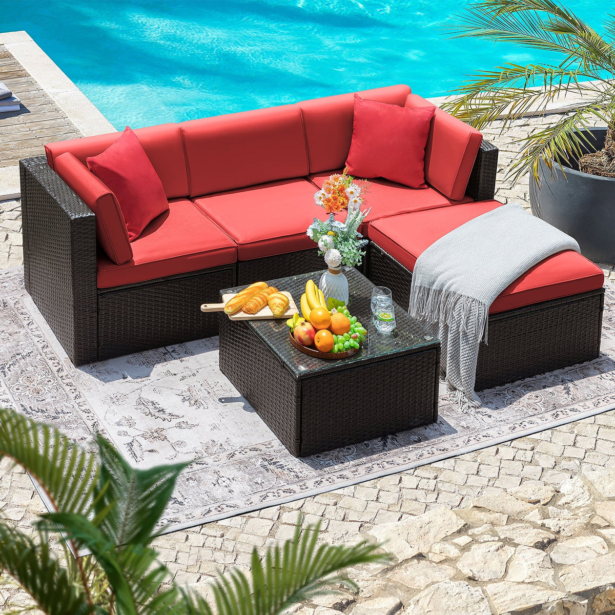 5 Pieces PE Rattan Wicker Patio Sectional Set with Table O71780