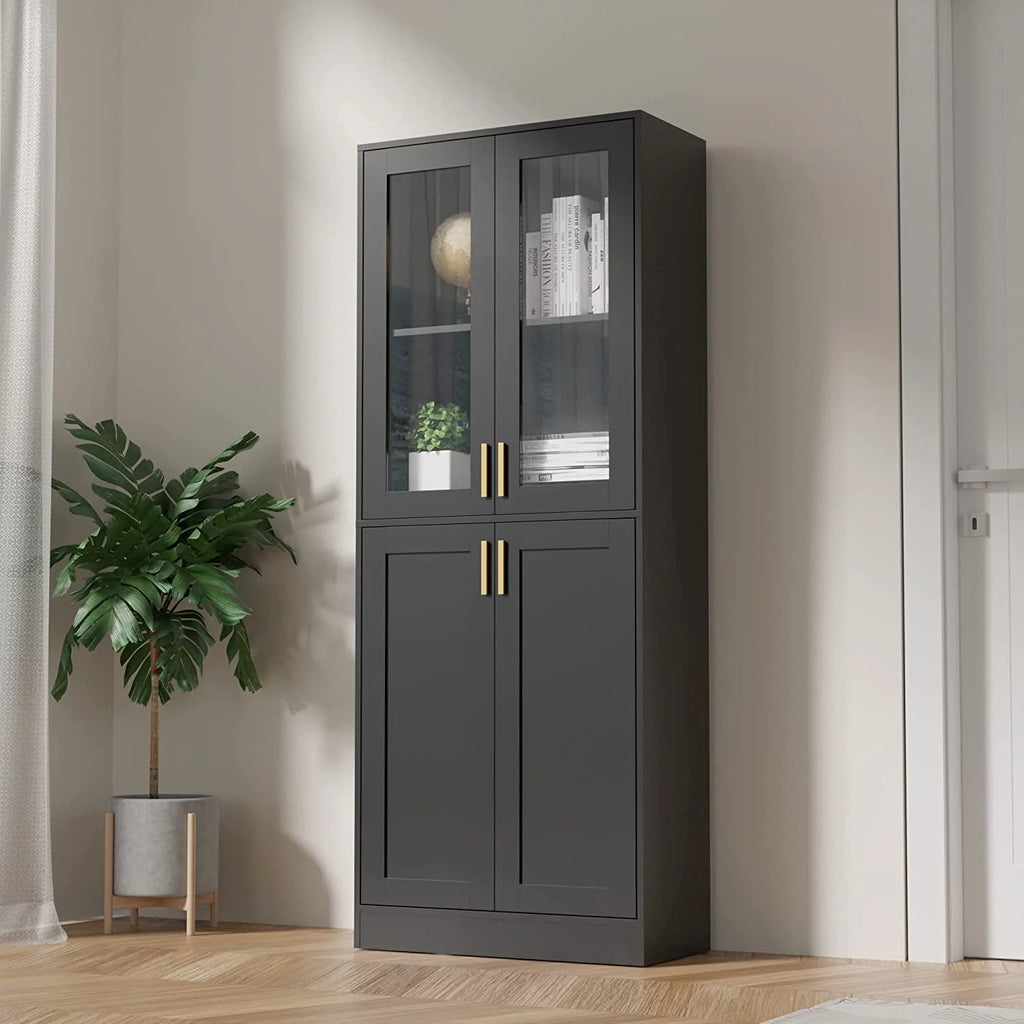 70" Tall Black Display Cabinet with Acrylic Glass Doors and Adjustable Shelves Z427