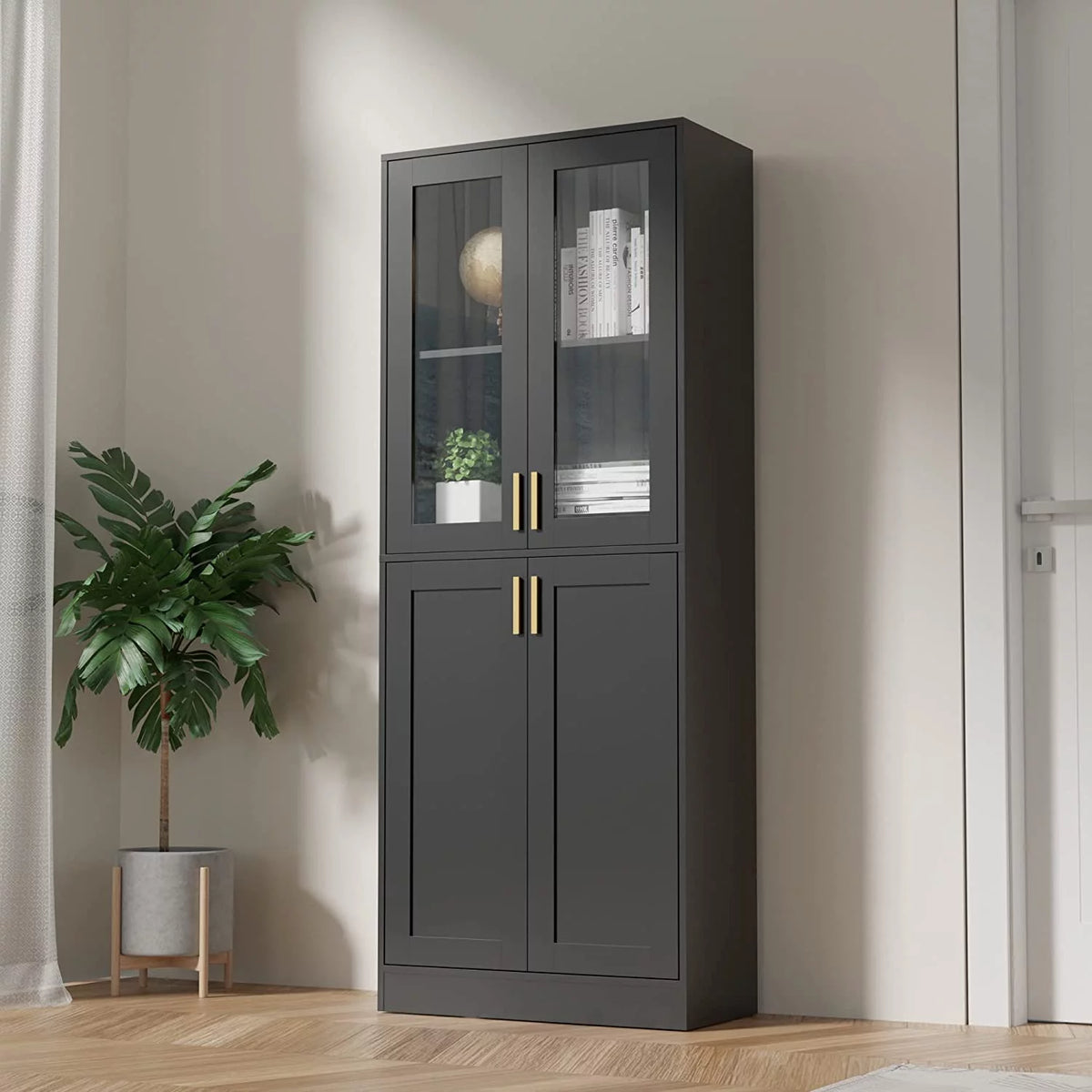 70" Tall Black Display Cabinet with Acrylic Glass Doors and Adjustable Shelves Z427