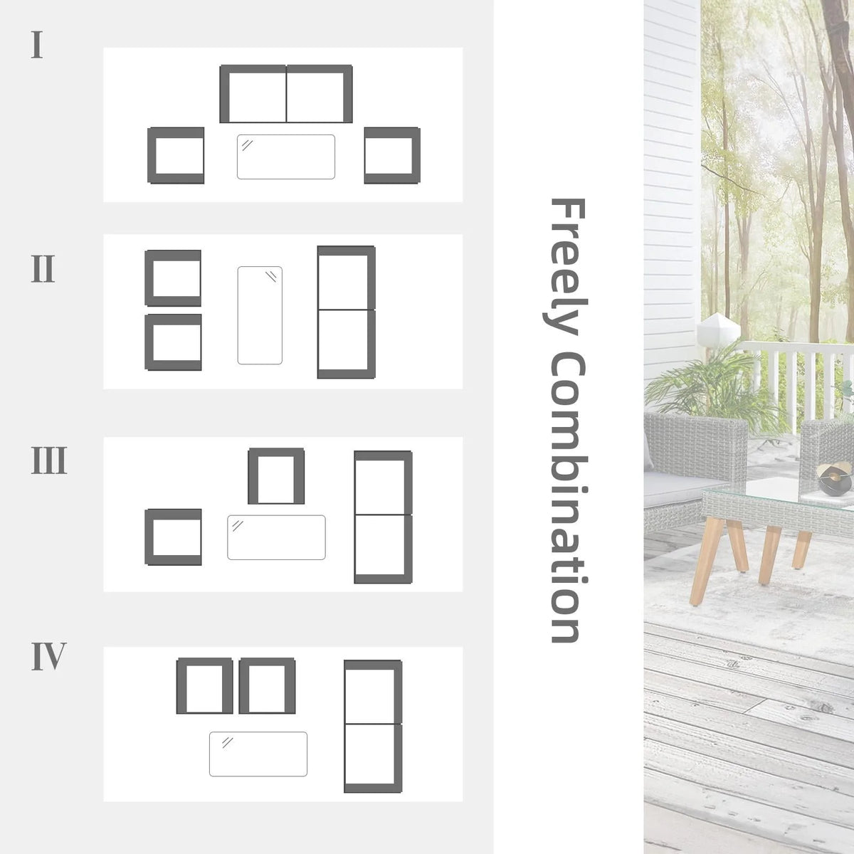 4 Pcs Wood Grain Patio Conversation Set with Loveseat and Tea Table J1332