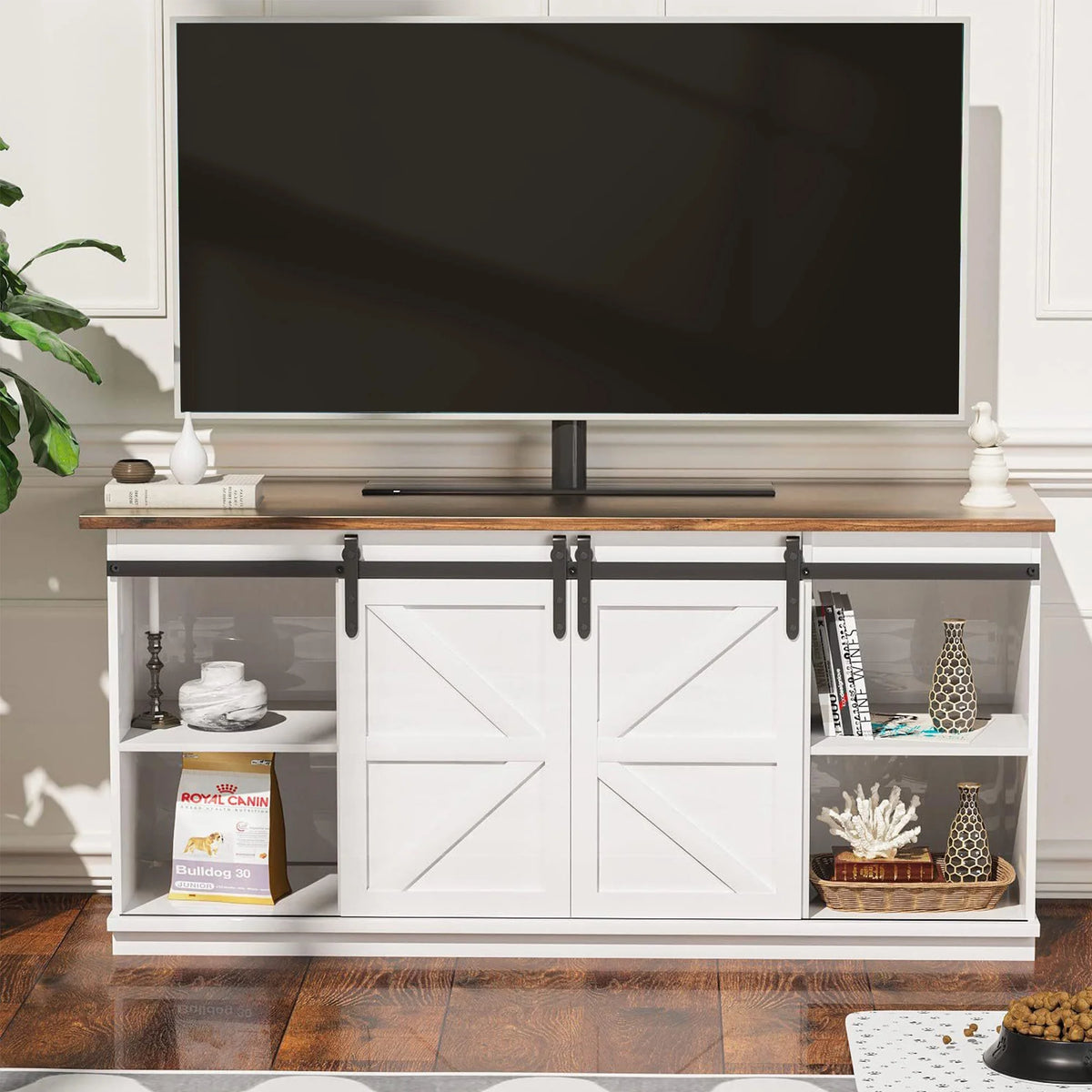 Farmhouse TV Stand with Sliding Barn Door R878410