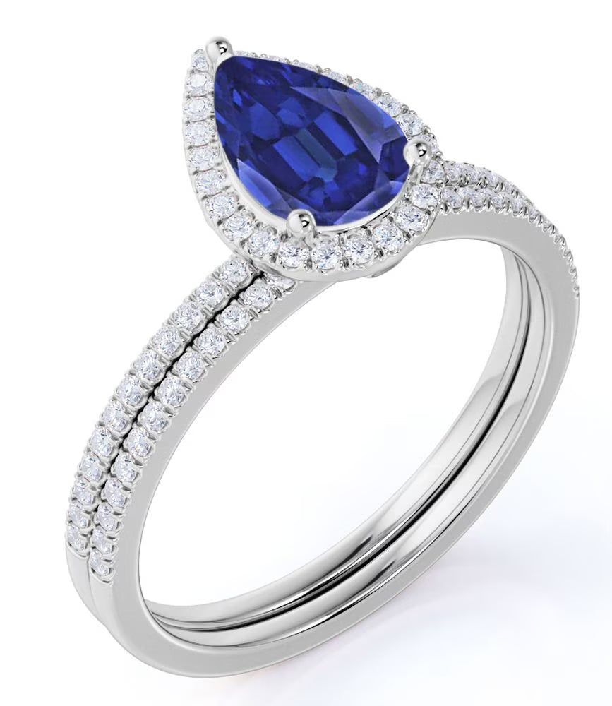1.5 Carat Pear Shaped Blue Sapphire Bridal Set in 18k White Gold over Silver E904466