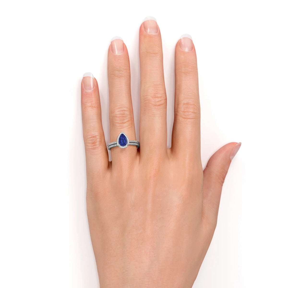 1.5 Carat Pear Shaped Blue Sapphire Bridal Set in 18k White Gold over Silver E904466