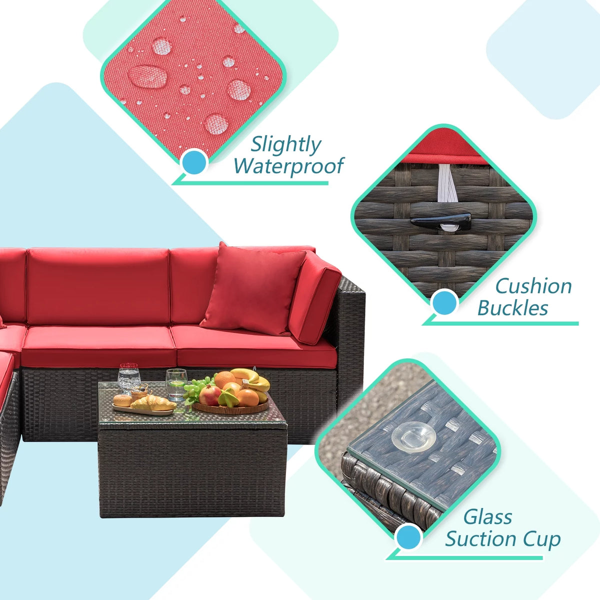 5 Pieces PE Rattan Wicker Patio Sectional Set with Table O71780