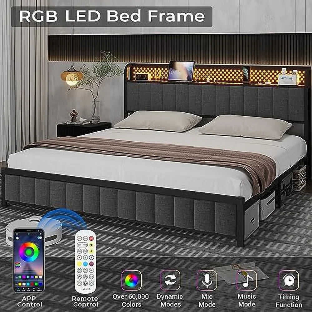 Queen LED Bed Frame with Headboard, Outlets & USB Ports, Dark Grey W7793