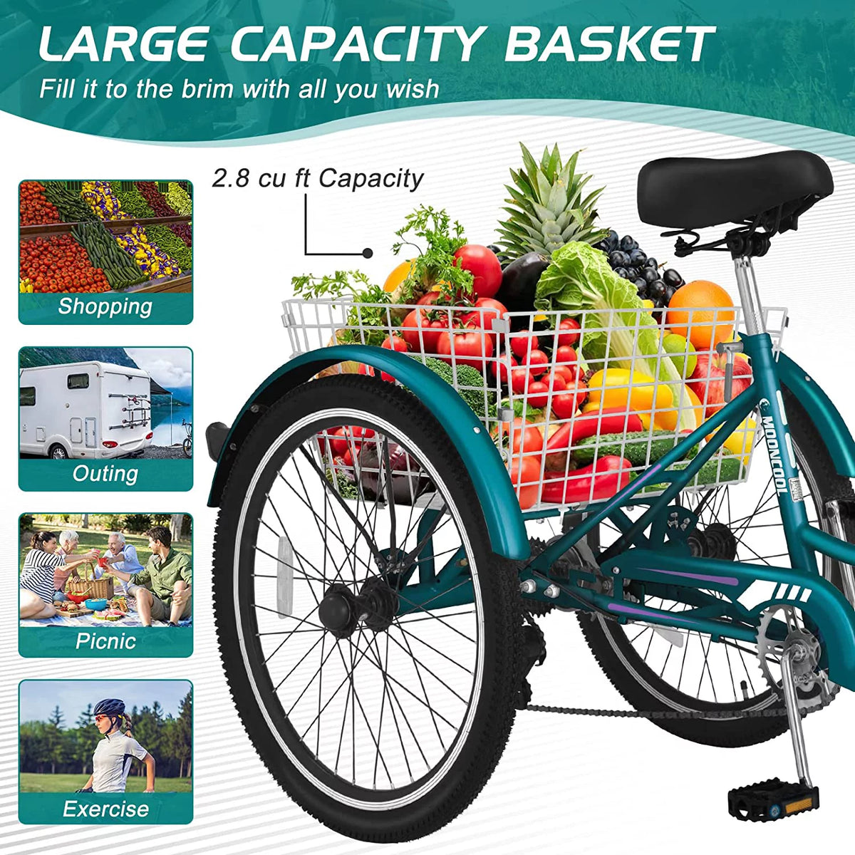 20/24/26 inch 7 Speed Adult Tricycles with Big Basket W809