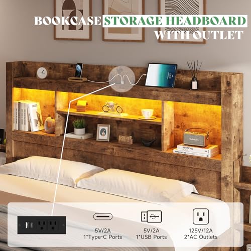 Full Size Wood Bed Frame with 4 Storage Drawers and Bookcase Headboard J187