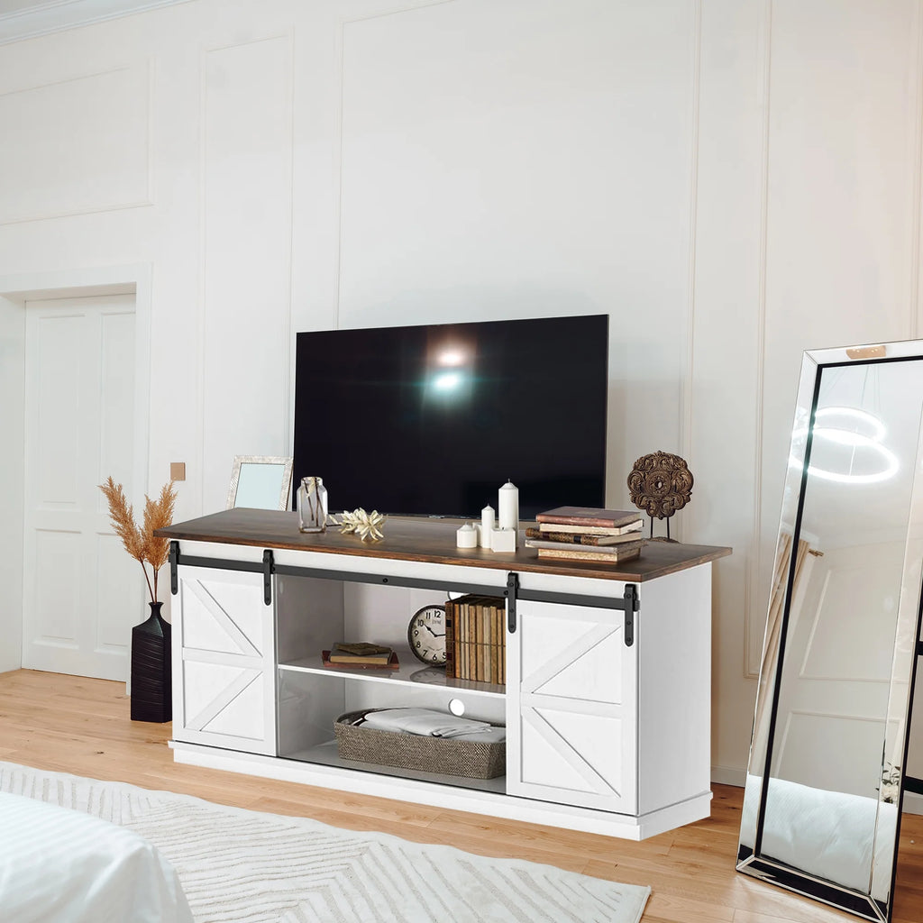 Farmhouse TV Stand with Sliding Barn Door R878410
