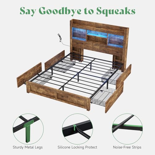 Full Size Wood Bed Frame with 4 Storage Drawers and Bookcase Headboard J187