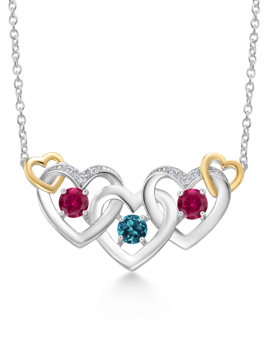 925 Silver 10K Yellow Gold London Blue Topaz Red Created Ruby White Lab Grown Diamond Heart Shape Pendant Necklace with 18 inch Chain Y856