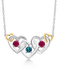 925 Silver 10K Yellow Gold London Blue Topaz Red Created Ruby White Lab Grown Diamond Heart Shape Pendant Necklace with 18 inch Chain Y856