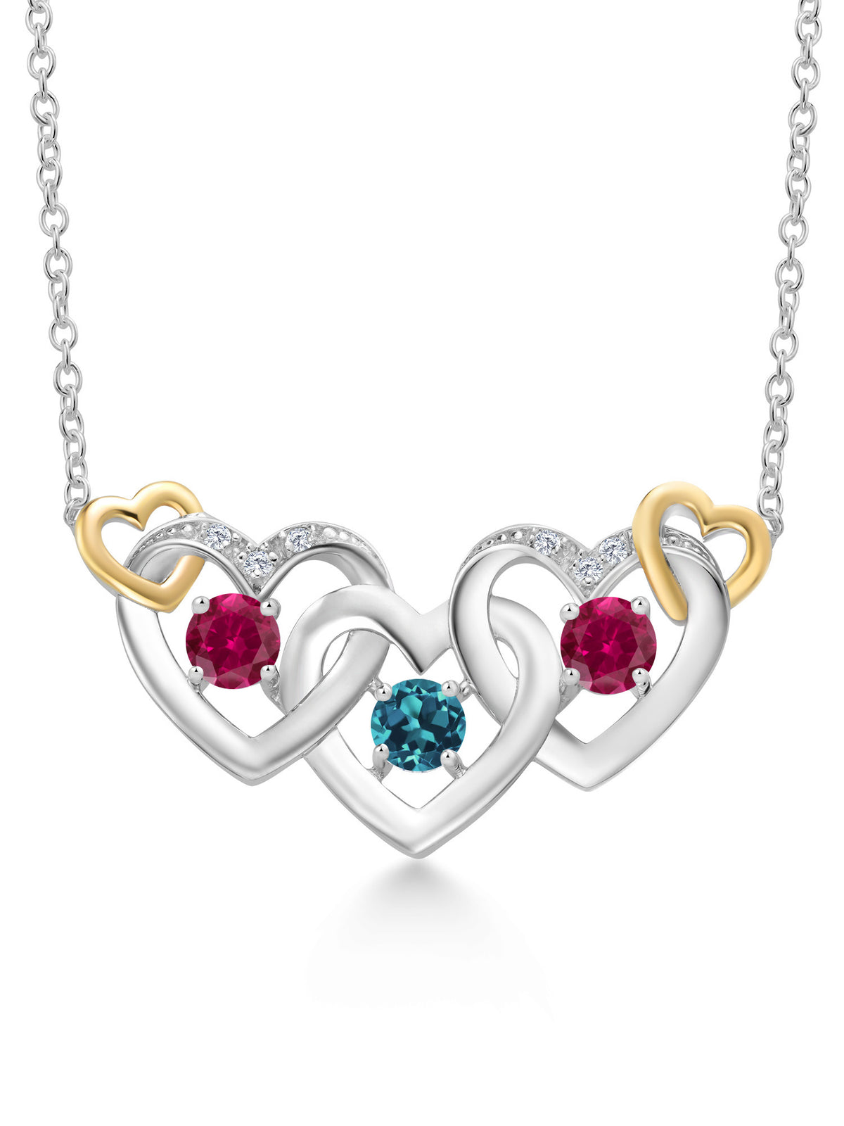 925 Silver 10K Yellow Gold London Blue Topaz Red Created Ruby White Lab Grown Diamond Heart Shape Pendant Necklace with 18 inch Chain Y856