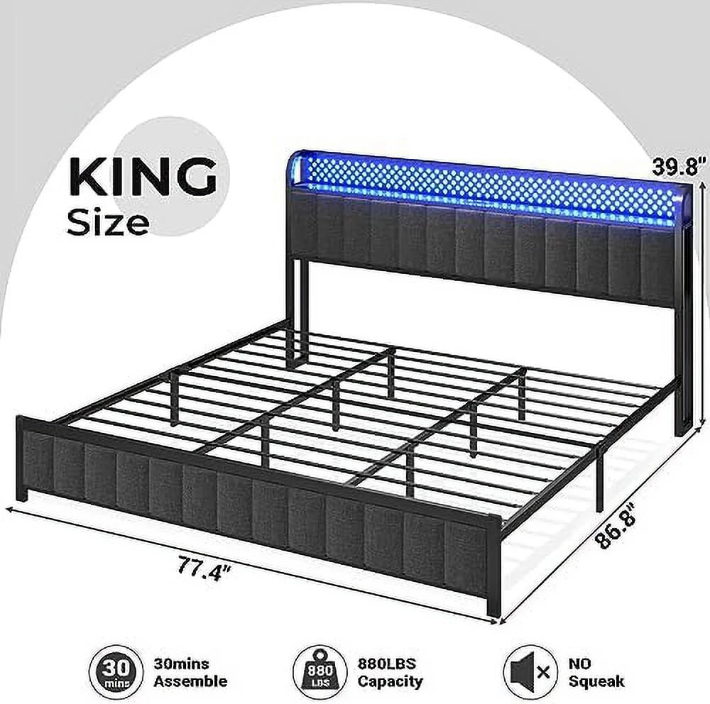 Queen LED Bed Frame with Headboard, Outlets & USB Ports, Dark Grey W7793