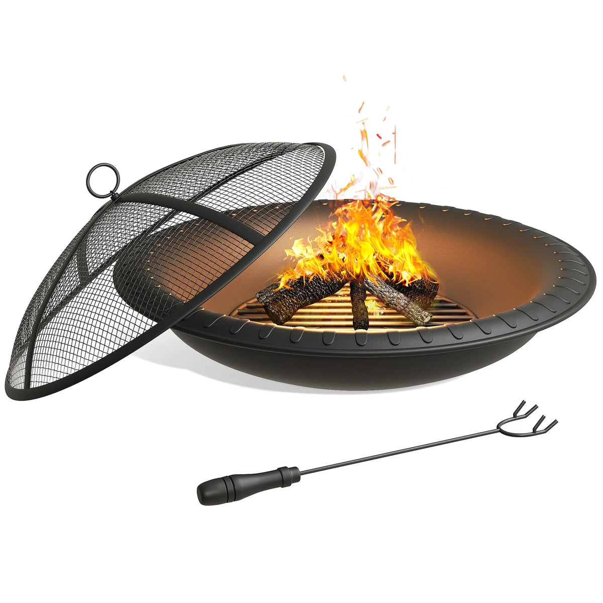 24'' Outdoor Round Fire Pit Bowl with Spark Screen and Poker T927
