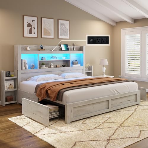 Full Size Wood Bed Frame with 4 Storage Drawers and Bookcase Headboard J187