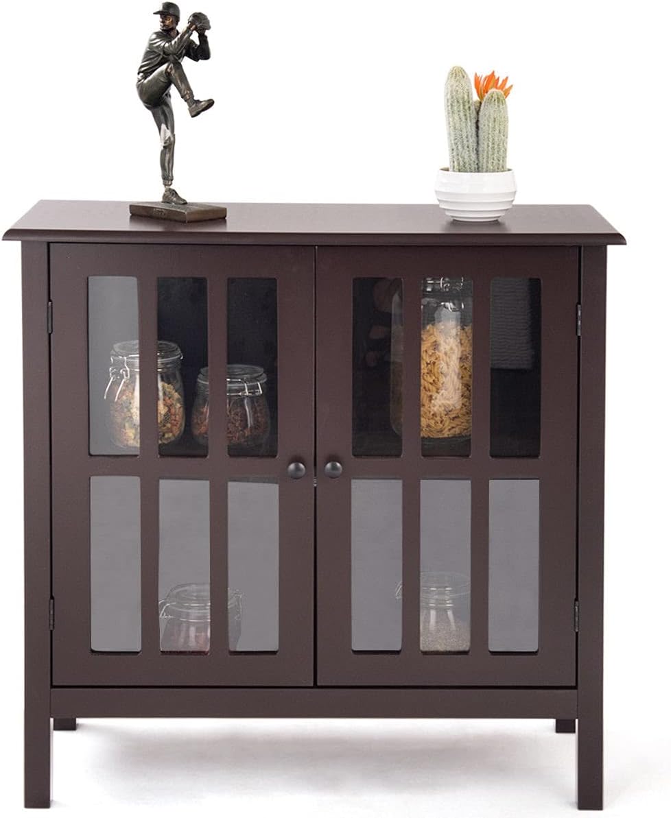 Dark Brown Storage Cabinet Organizer Buffet Server Sideboard Console Bedside Table 2 Tempered Glass Door 2 Storage Shelves W35519