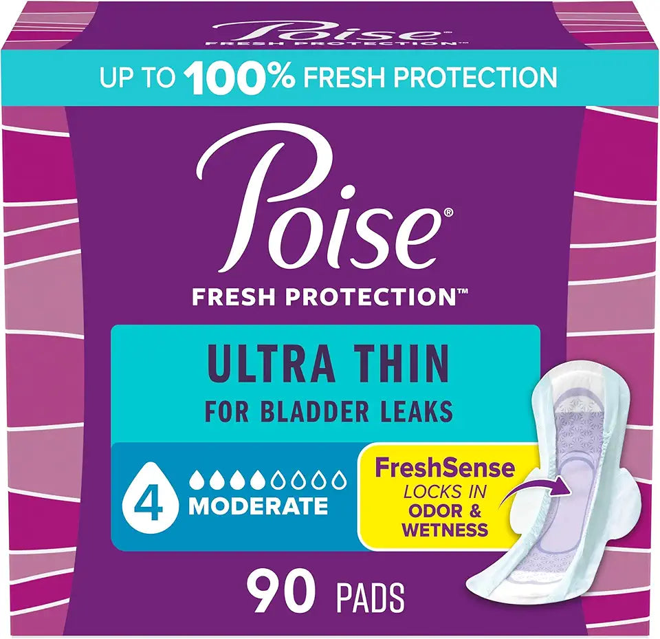 Ultra Thin Incontinence & Postpartum Pads with Wings, 4 Drop Moderate Absorbency, Regular Length, 90 Count J183101