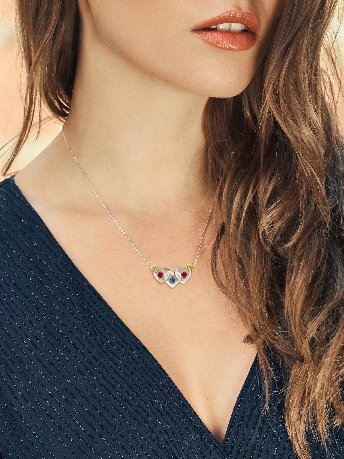 925 Silver 10K Yellow Gold London Blue Topaz Red Created Ruby White Lab Grown Diamond Heart Shape Pendant Necklace with 18 inch Chain Y856