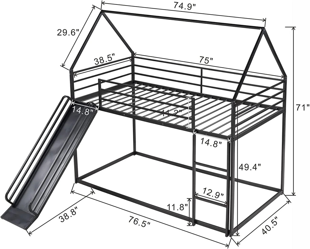 Black Metal Frame Floor Bunk Bed with Slide and Built-In Ladder Y6282