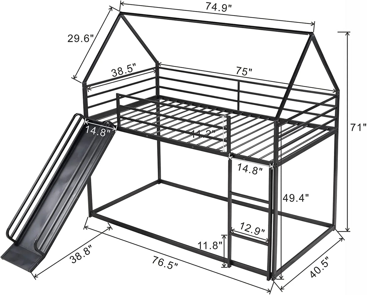 Black Metal Frame Floor Bunk Bed with Slide and Built-In Ladder Y6282