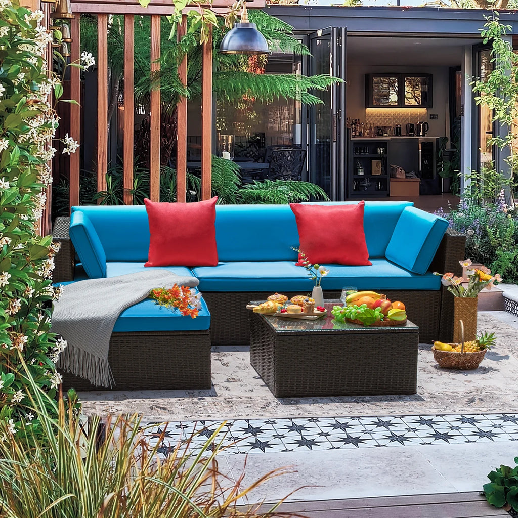 5 Pieces PE Rattan Wicker Patio Sectional Set with Table O71780