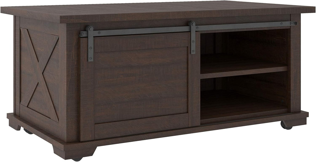 Dark Brown Farmhouse Rectangular Coffee Table with Sliding Barn Doors P280
