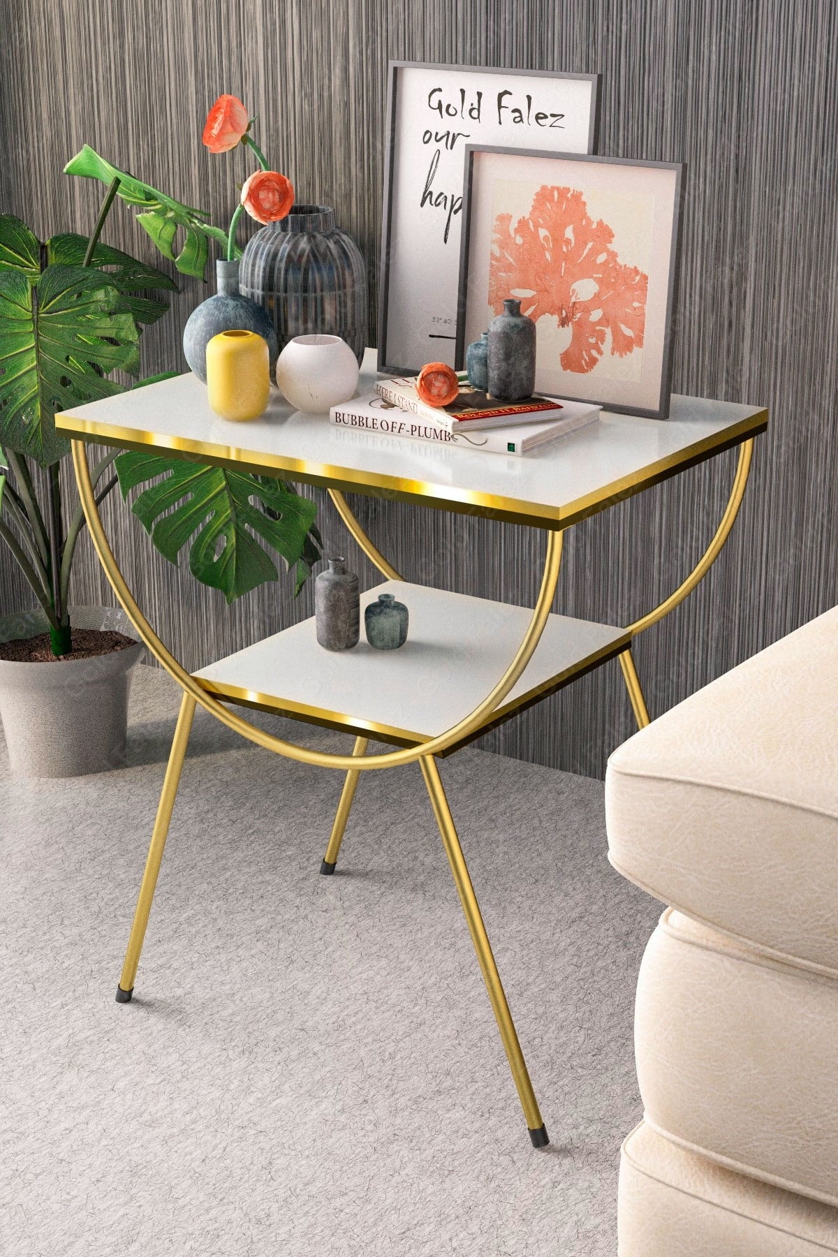 White Side Table with Storage Shelf T578