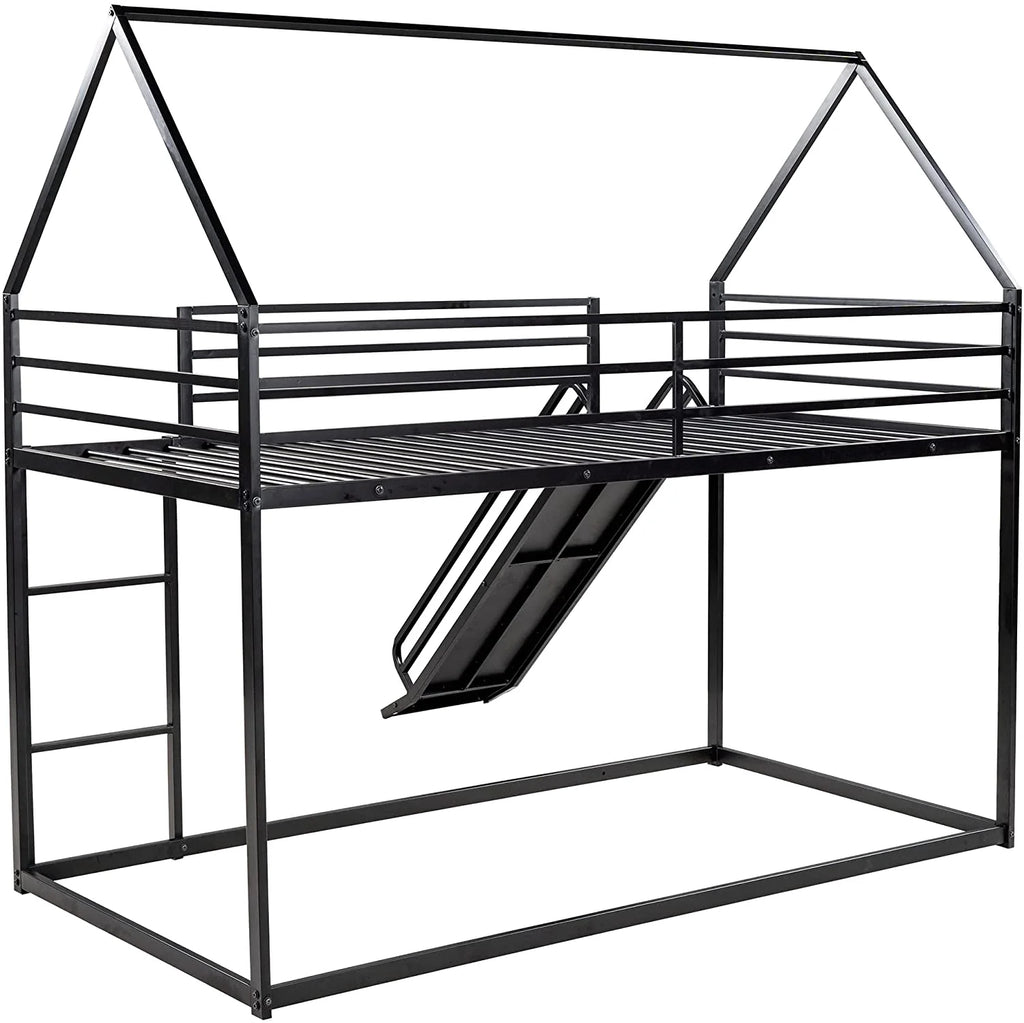 Black Metal Frame Floor Bunk Bed with Slide and Built-In Ladder Y6282