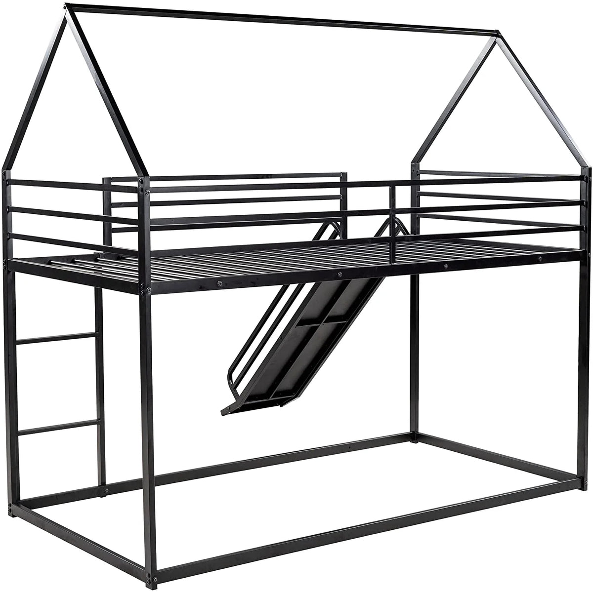 Black Metal Frame Floor Bunk Bed with Slide and Built-In Ladder Y6282