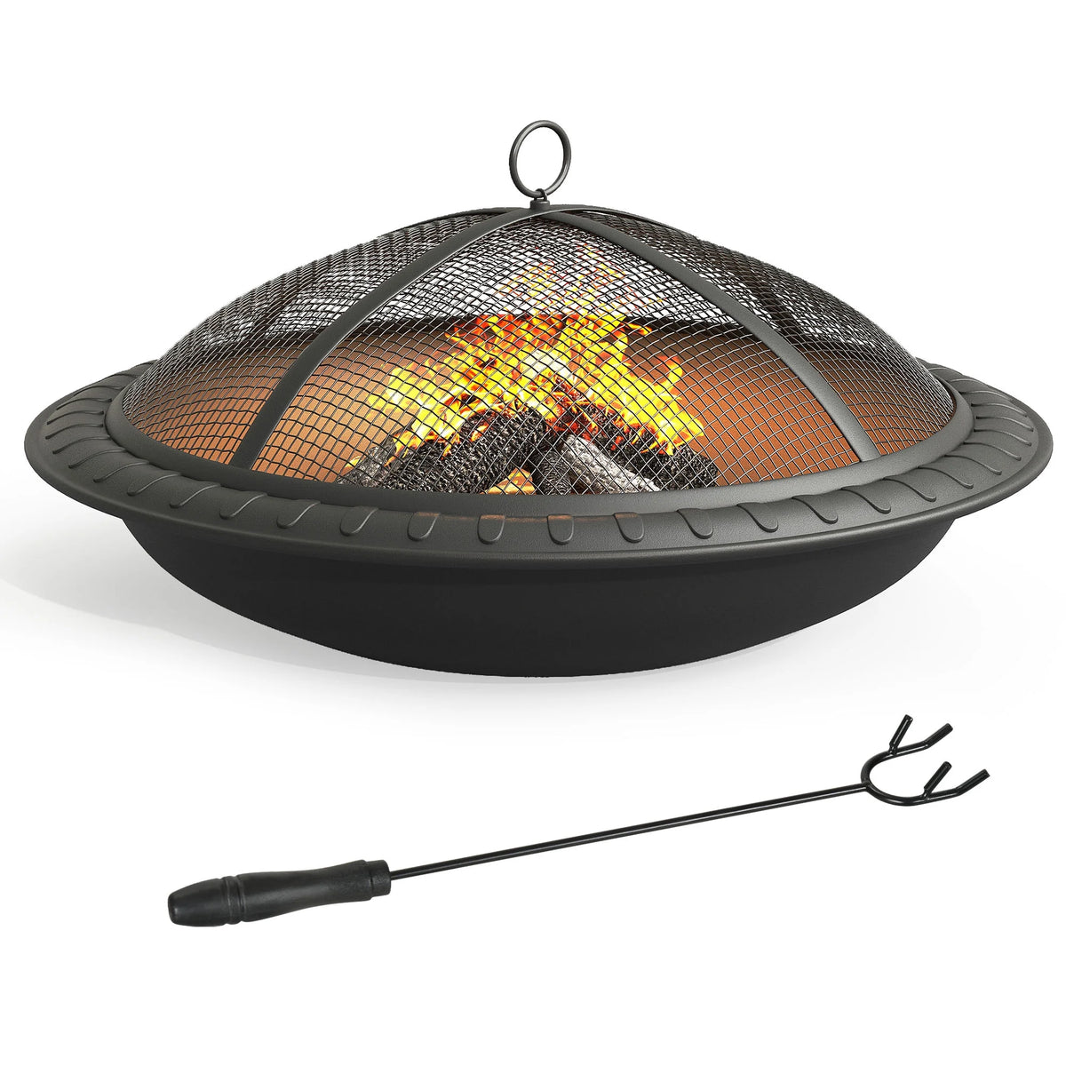 24'' Outdoor Round Fire Pit Bowl with Spark Screen and Poker T927