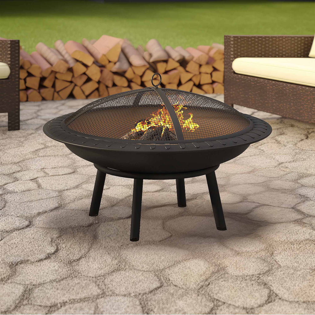 24'' Outdoor Round Fire Pit Bowl with Spark Screen and Poker T927