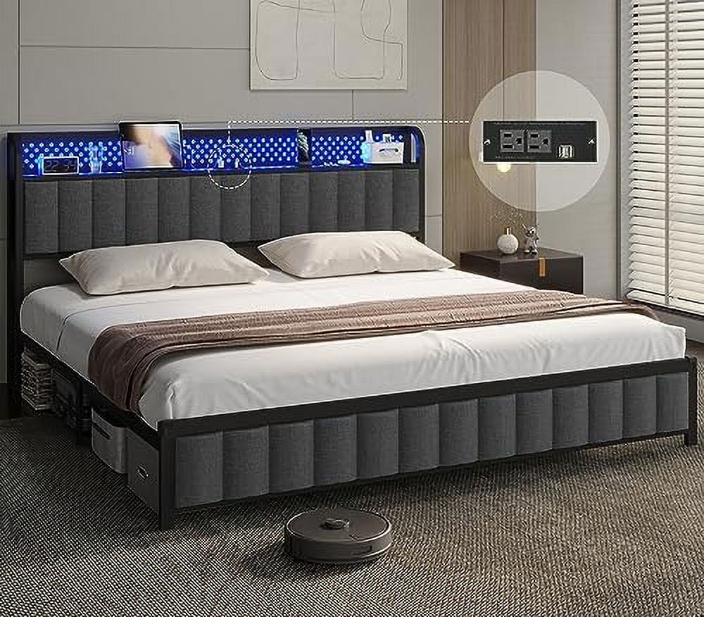 Queen LED Bed Frame with Headboard, Outlets & USB Ports, Dark Grey W7793