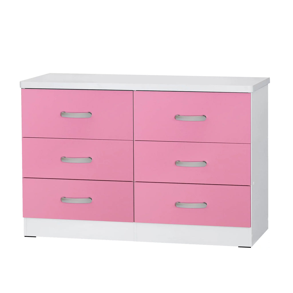 White & Pink 6 Drawer Wooden Double Dresser K2498